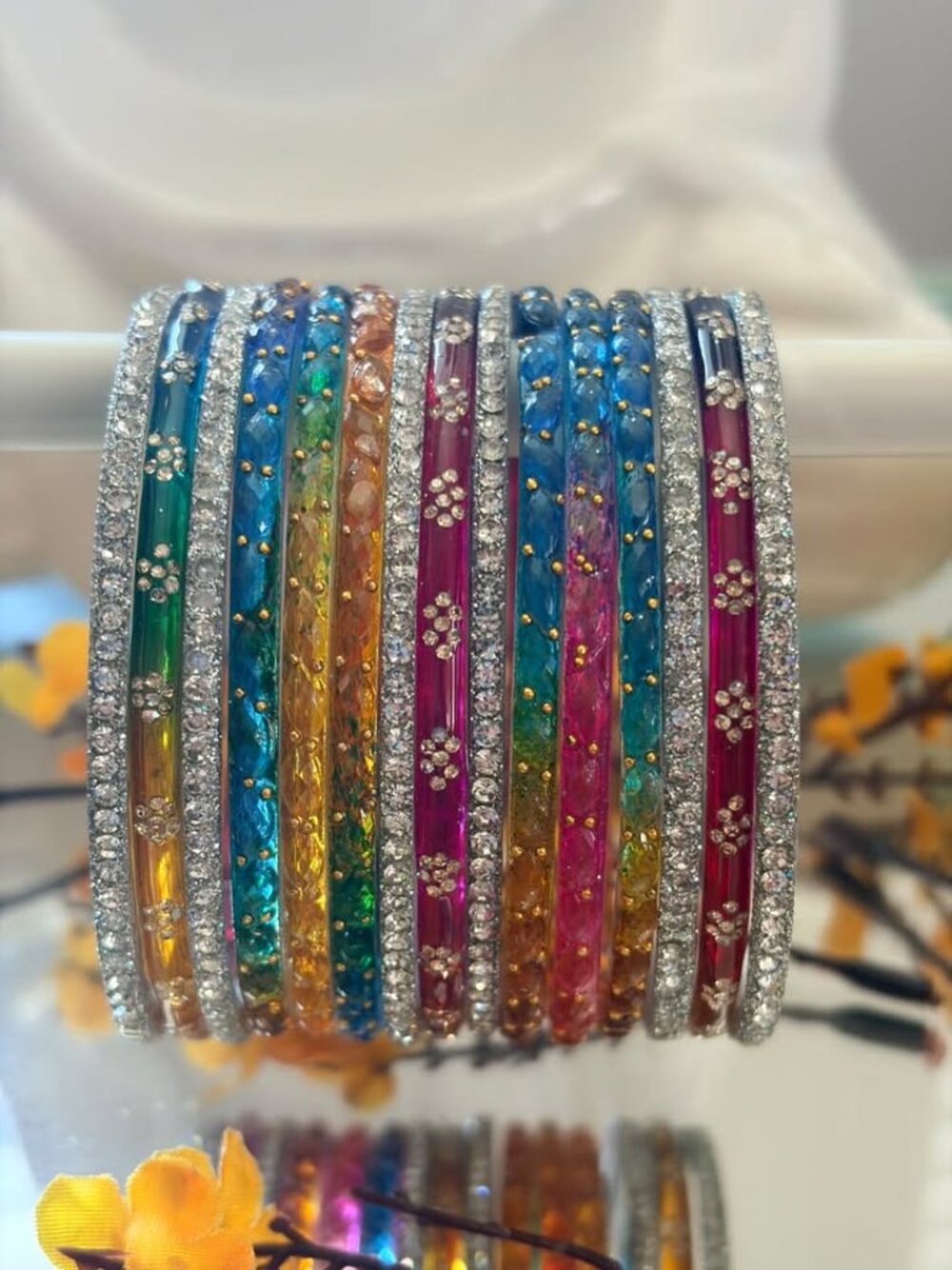 15-Piece Women's Colorful Rhinestone Raindrop Bangle Set | Multi-Color Transluce